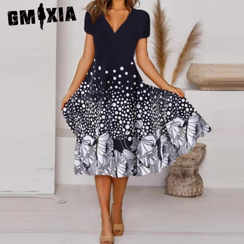 

GMXIA Платье миди большого размера с V-образным вырезом и коротким рукавом, повседневное, с цветочным принтом и высоким подолом XXXXXL