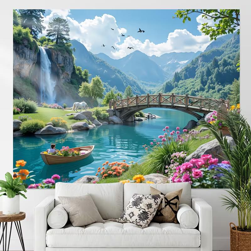 

2D Mountain Lake Tapestry, 2D Flat Printing Waterfall and Bridge with Vibrant Flowers Background Cloth 47.2x31.5inch/120*80cm