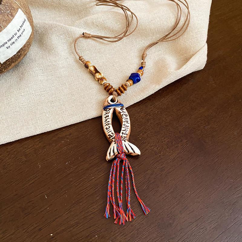 Ethnic Style Y-Shaped Ceramic Fish Necklace for Women Wooden Rope Handmade Bead Tassel Charm Bohemian Style Exquisite Accessory