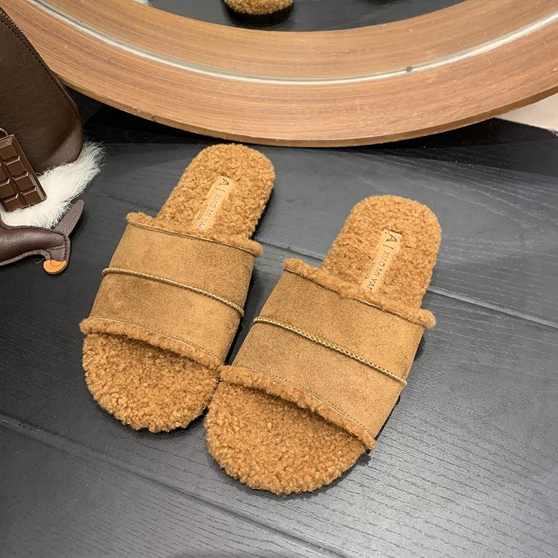 Internet Celebrity Mao Mao Slippers Women's Fashion Wear 2025 Autumn and Winter New Retro Soft Flat Bottom Home Lazy One-word Cotton Mop