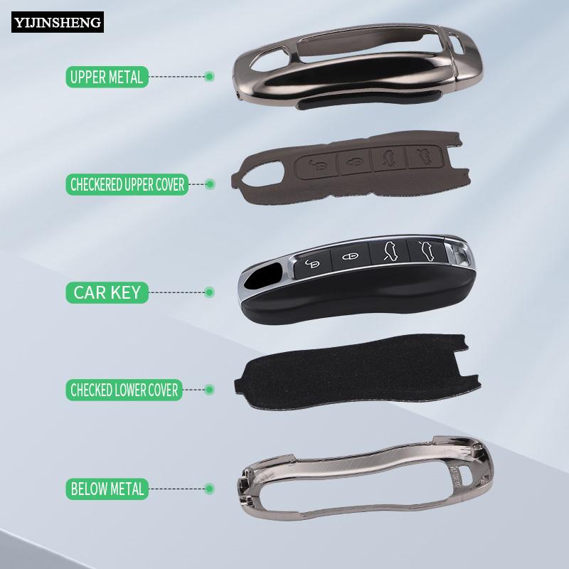 Zinc Alloy + PU Leather Car Key Case Cover Fob Holder Keychain For Porsche Cayenne 718 MACAN Panamera 911 Macan Boxster Cayman
