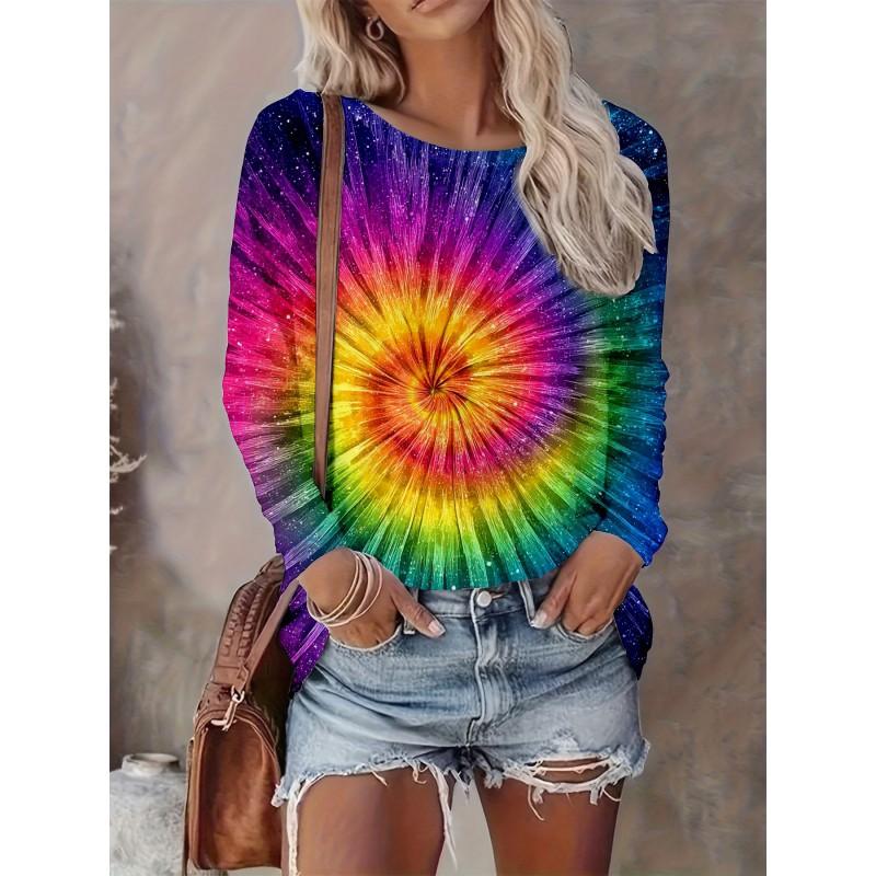 Abstract Tie-Dye 3D Digital Print Loose Fit Womens Crew Neck Long Sleeve T-Shirt Casual Comfort Top