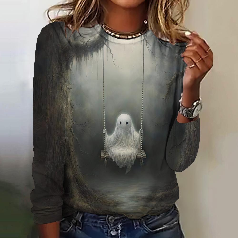 Family Of Ghosts Pattern Print Funny Women's T-shirt Halloween 2024 New Long Sleeves T Shirt Tops Fashion Y2K Clothes Streetwear