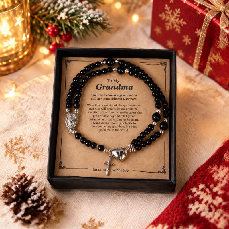 Christmas Themed Black Bead Heart Magnetic Clasp Bracelet With English Greeting Card Women