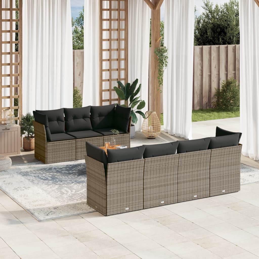 Vidaxl 8-Cz. Gartenmöbel-Set mit Kissen, Grau, Polyrattan