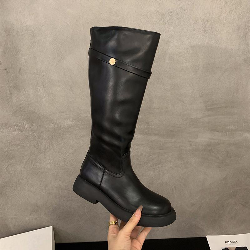 Fashion Winter Vintage Women Western Cowboy Boots Fashion Belt Buckle Slip On Female Knight Long Booties