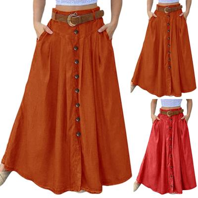 Dámska ležérna retro sukňa s vysokým pásom, jednofarebná, so zavinovacím gombíkom, voľná, s opaskom a vreckom