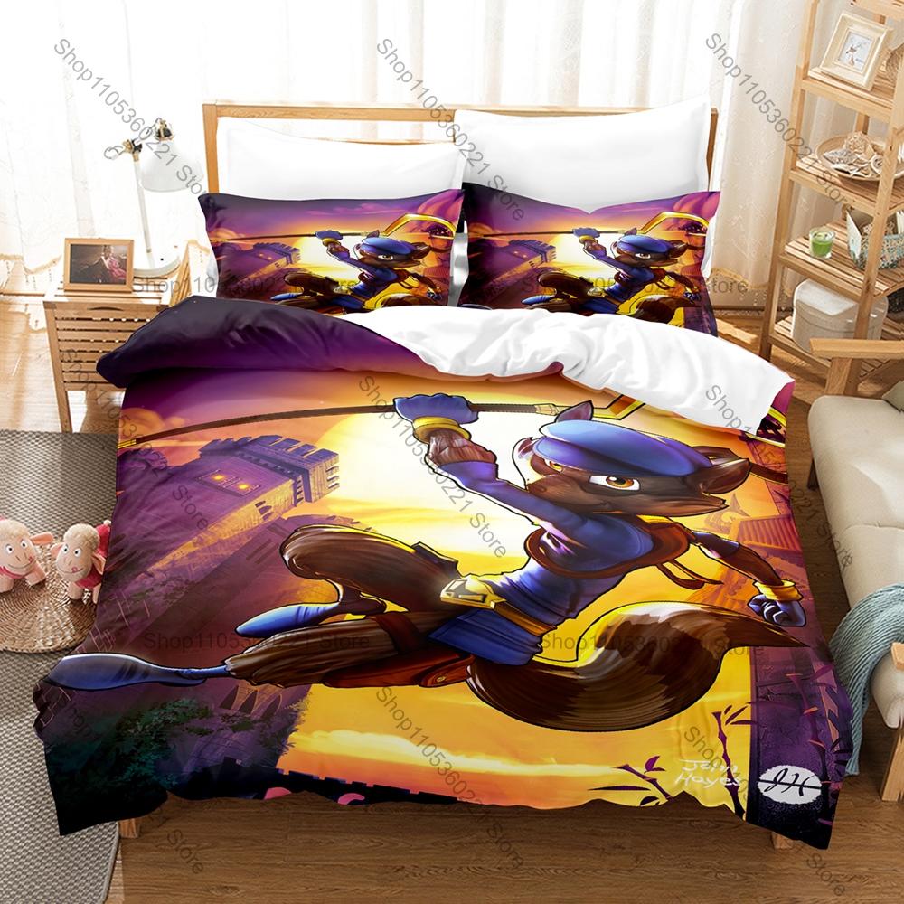 Set Biancheria da Letto Gioco Retro Sly Cooper, Copripiumino & 2 Federe, Carino Motivo Procione Ladro Tessuto Traspirante Uso Stagione Singola