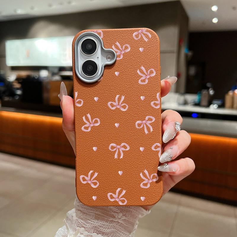 Cute Pink Bow Pattern Phone Case For iPhone 16 15 14 Pro Max 14 Plus 13 12 Pro 11 Shockproof Leather Texture TPU Silicone Cover