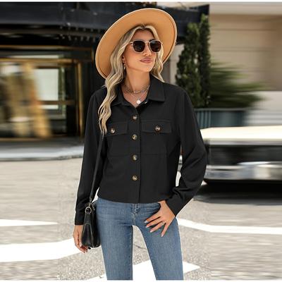 Outono Mulheres Moda Casual Casaco Botão Para Baixo Tops Sólido Gola Virada Manga Longa Escritório Senhora Crop Jaquetas