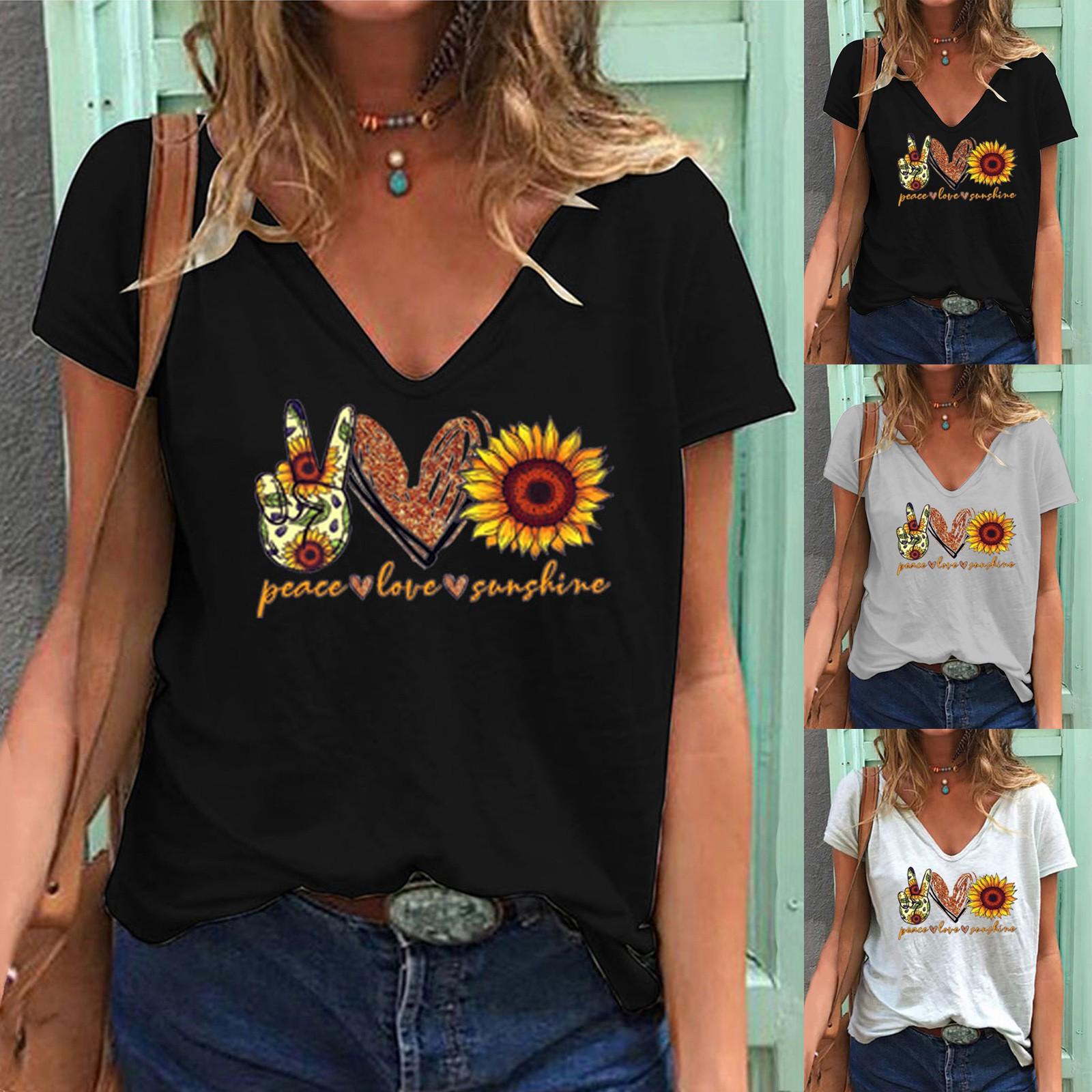 

Женская повседневная модная летняя футболка с v-образным вырезом и короткими рукавами с принтом