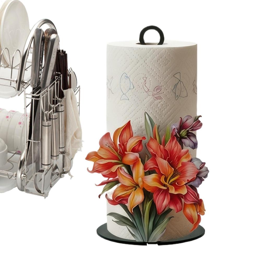 Iron Paper Towel Holder Tissue Roll Storage Rack Counter Paper Towel Holder With 2D Flower Pattern For Home Apartment (no Paper)