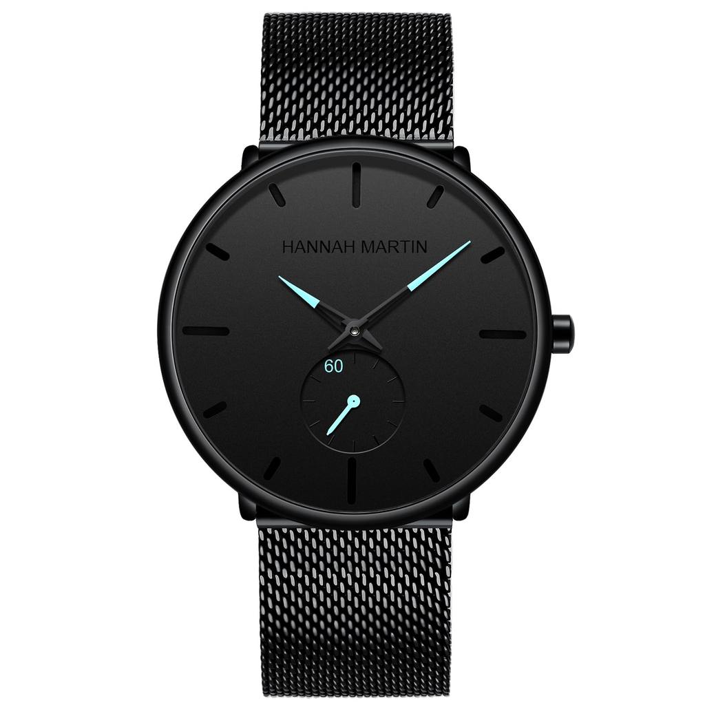 Hannah Martin Black Waterproof Dress Watch with Stainless Steel Band Men's Ultra-Thin (Blue)