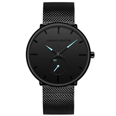 Hannah Martin Black Waterproof Dress Watch with Stainless Steel Band Men's Ultra-Thin (Blue)