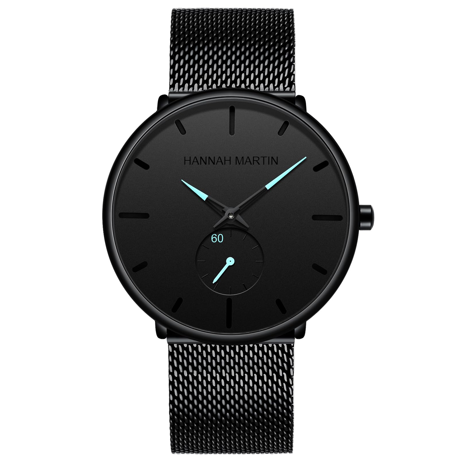 

Hannah Martin Men s Black Ultra-Thin Waterproof Dress Watch with Stainless Steel Band (Blue)