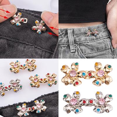 Rhinestone Flower Waist Pin Shawl Clip Waist Brooch Hook for Jeans Pants Snap Buckle Waist Tightener Button Accessories