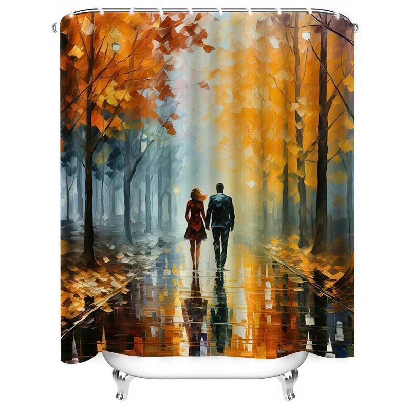 Romantisches Paar Hand in Hand im Herbst gehend, Wasserdichter Duschvorhang, Künstlerisches Design, Verleiht Ihrem Badezimmer-Deko Wärme