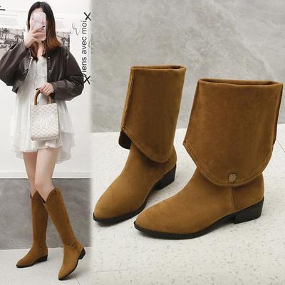Fashion Winter Woman Knee High Boots Fashion Pointed Toe Slip-on Long Boots Women Shoes Ladies Square Heel Pleated Cowboy Boots 2024