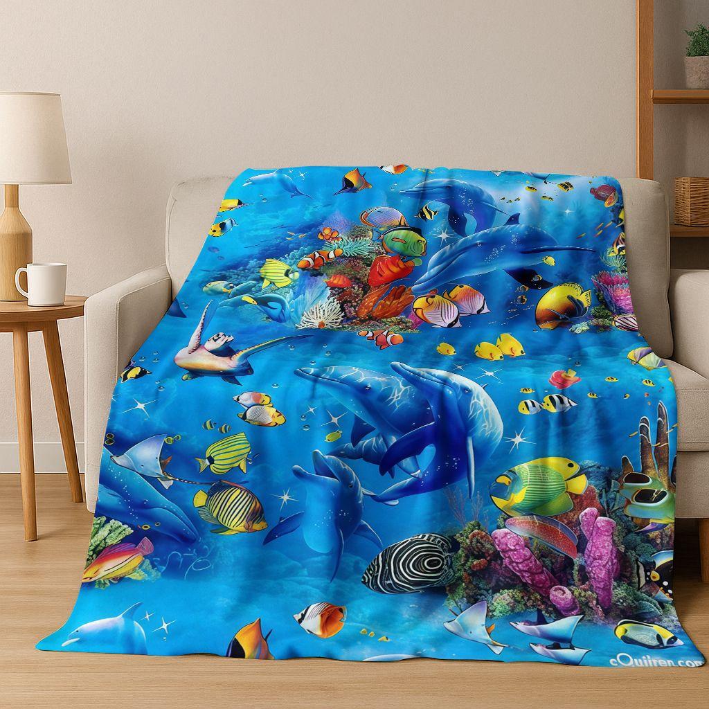 Dream Underwater World Sea Dolphin Turtle Coral Art Flannel Blanket,Cozy Soft Throw Blanket for Home Bedroom Bed Sofa Gift Kids