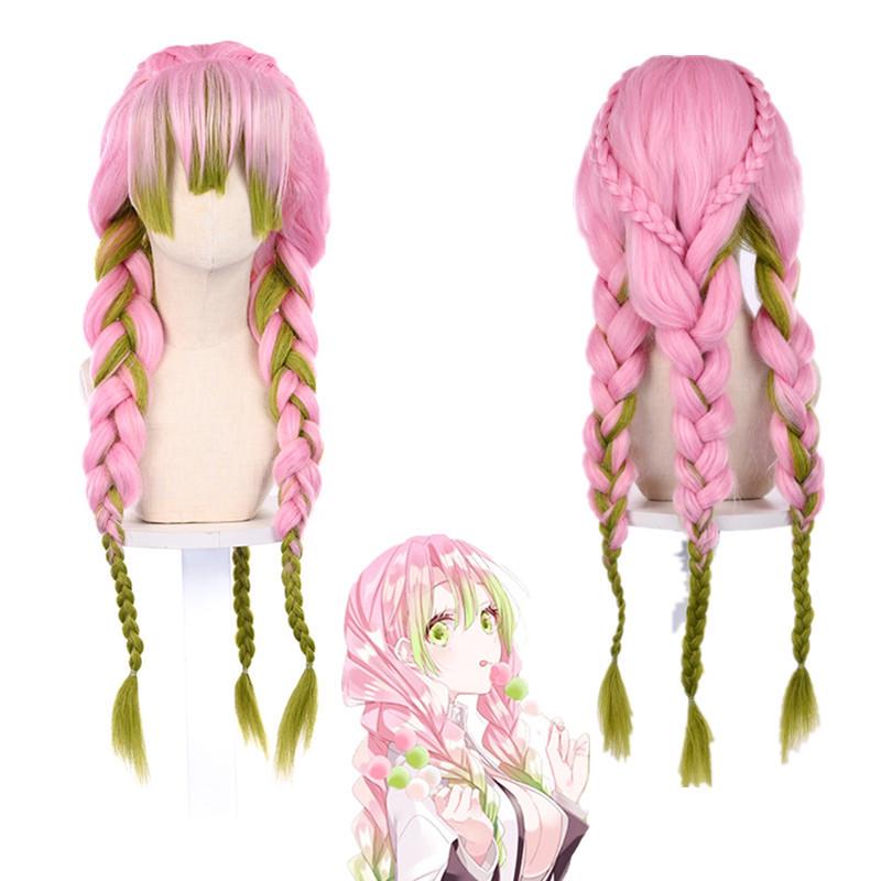 Kanroji Mitsuri Demon Slayer Pink-Green Cosplay Wig with Cap & Big Braid