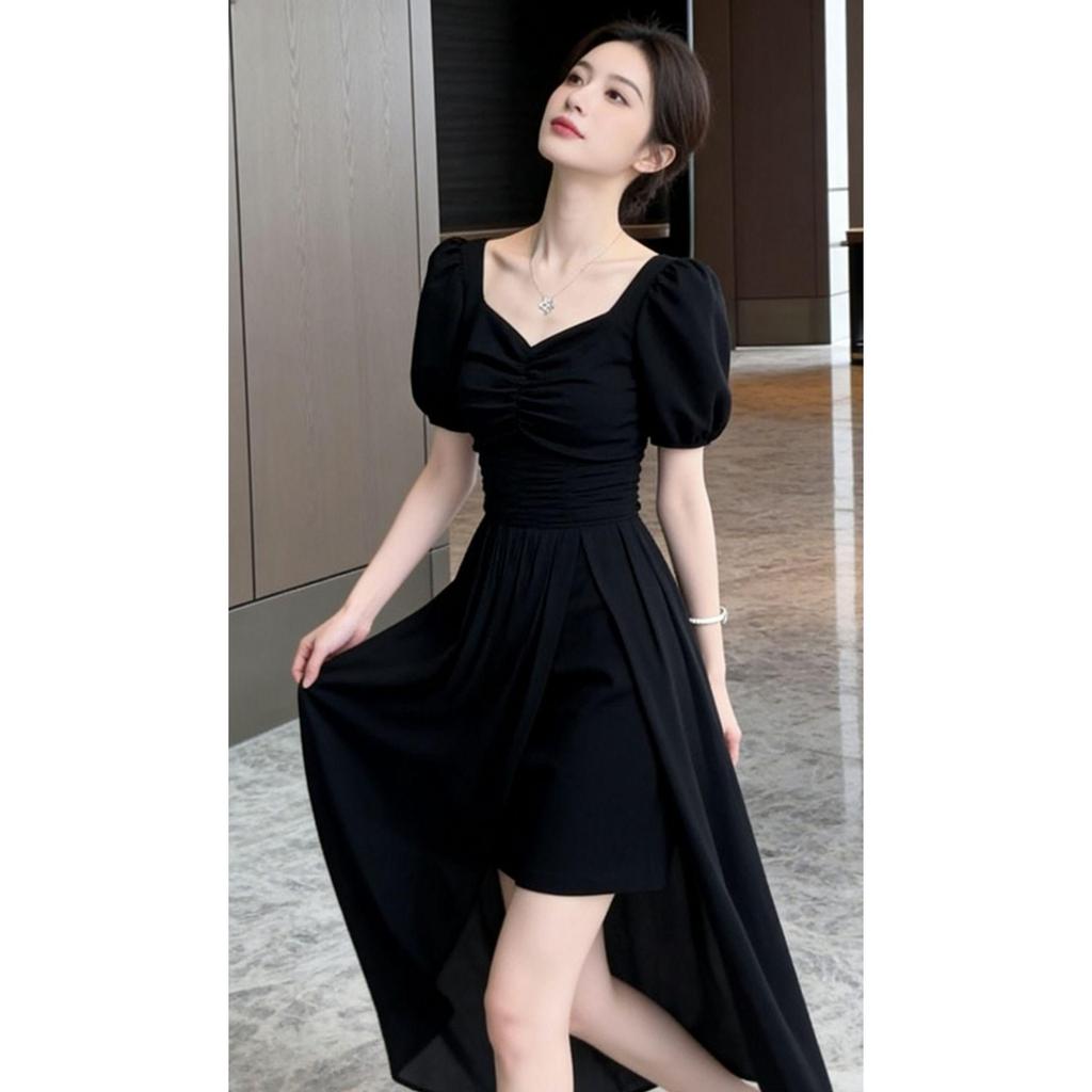Elegant French Slimming V-neck Slit Dress - Korean Style, Plus Size, Perfect for Outings