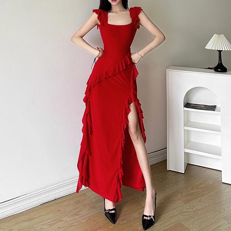 2026 European and American style eBay autumn and winter new sexy fashion backless suspender medium and long split dress