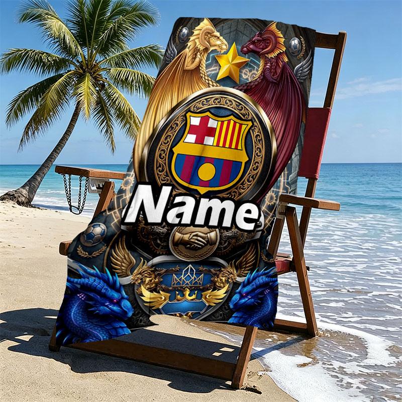 Serviette de Plage Personnalisée avec Nom Club de Football Barcelone, pour Voyage Camping Fête à la Plage Décoration Intérieure, Cadeau d'Anniversaire pour la Famille et les Amis