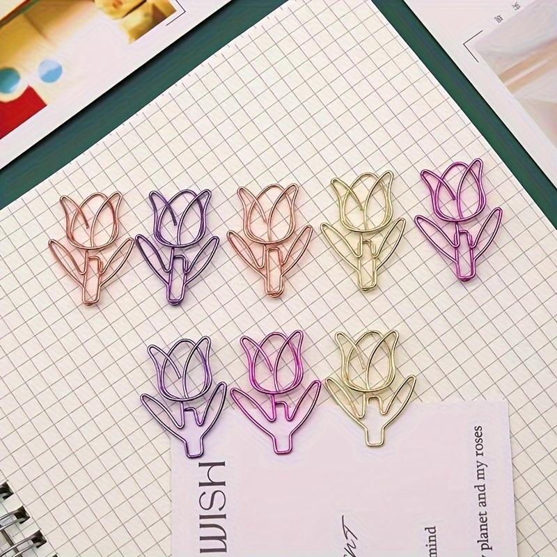 24pcs Creative Colorful Mixed Tulip-Shaped Paper Clips, Office Sorting Clips, Metal Unusual Curved Pins - Student Supplies