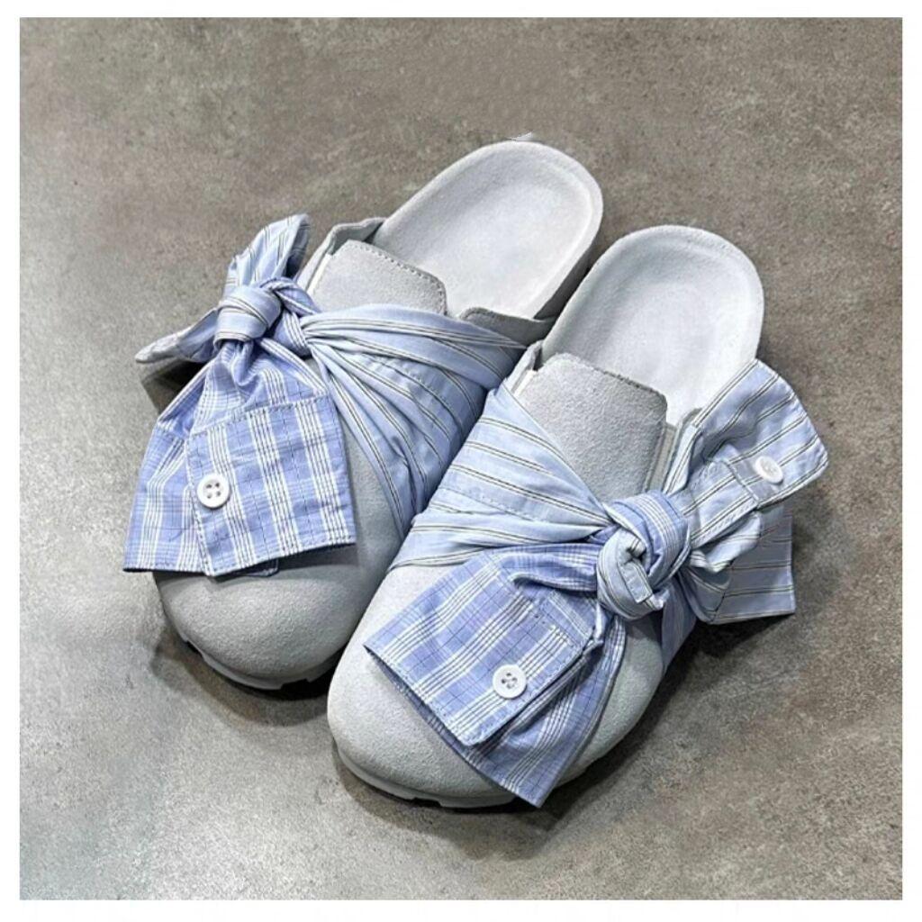 Japanese Solid Color Bow Cute Cartoon Bag Head Half Slippers Women's 25 Years of New Wear Retro College Lazy Shoes