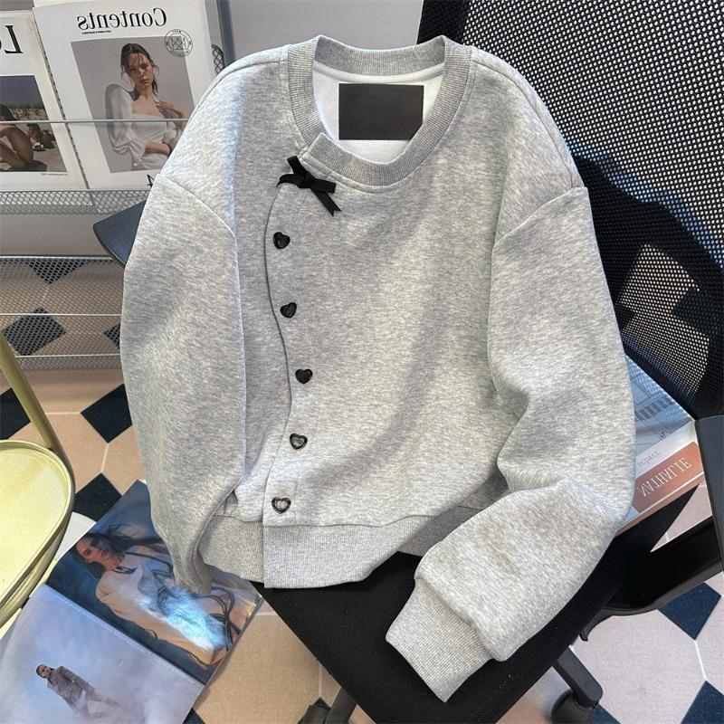 

Женское худи однотонное с бантом, круглым вырезом и неровными пуговицами в форме сердца, свободная толстовка в корейском стиле, повседневный женский топ XXL светло-серый