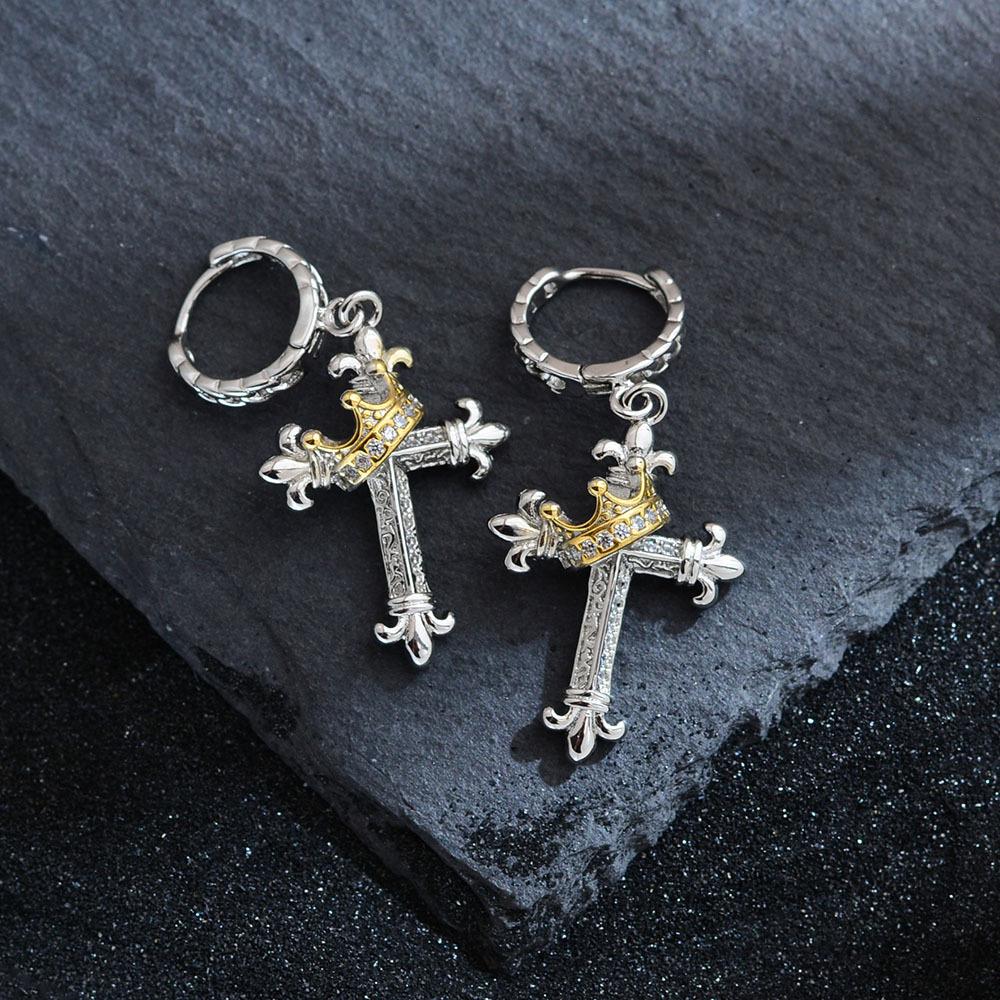 Versatile Diamond-Set Gold Crown Cross Earrings Cold Wind Niche Light Luxury Personality Temperament Earrings
