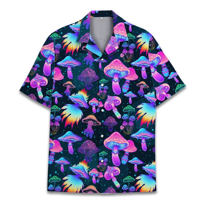 Buntes Hawaiihemd mit Pilz-3D-Druck für Herren, Sommerurlaub, Pflanzen, Strandhemden, Knopfleiste, kurzärmelig, Street-Aloha-Shirt