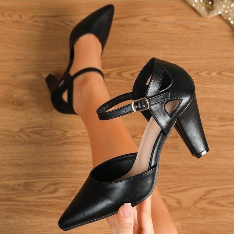 Fashion High Heel Sandals Fall New Pointed Toe Shallow Mouth One Strap Anti-Slip Wear-Resistant Block Heel Shoes