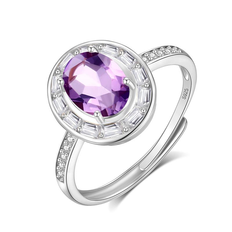 

Classic S925 Sterling Silver Ring, Oval Natural Crystal & CZ Adjustable Band for Ladies