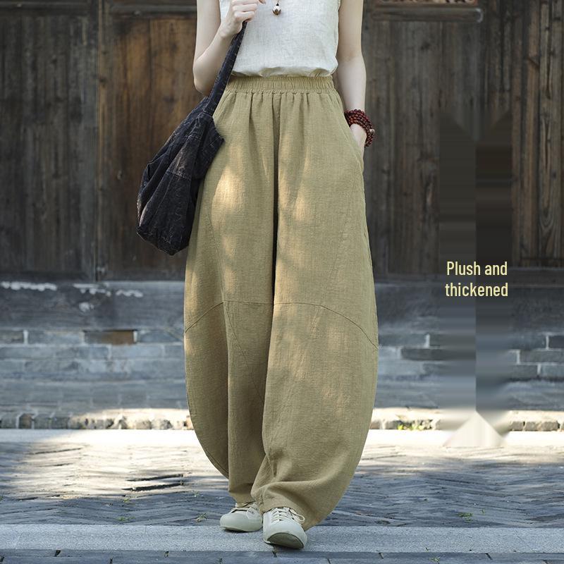 Women's Retro Ramie Sand-Washed Distressed Loose Lantern Pants for Meditation and Tai Chi