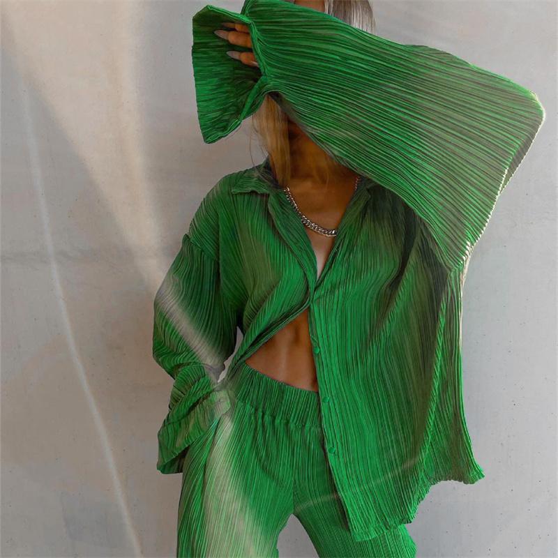 Casual High Wasit Pleated Pants Set Women Autumn Long Sleeve Blouses Matching Wide Trousers Suit Green Pleated 2 Piece Pant Sets