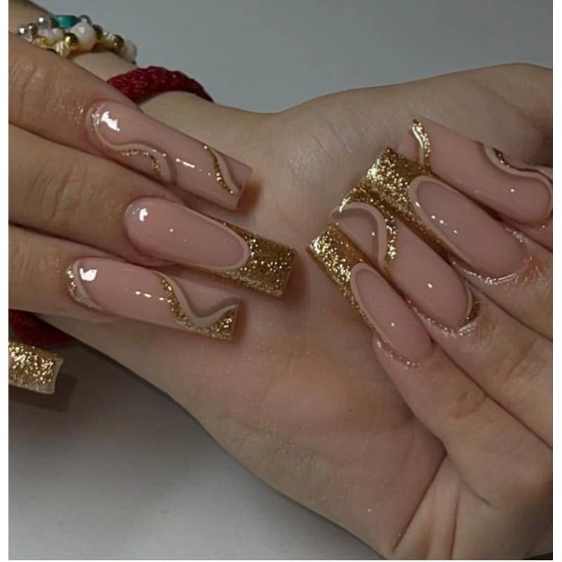Long French Nail Tips With Gold Glitter Line Design Press-On Nails Women Gel Nail Strip