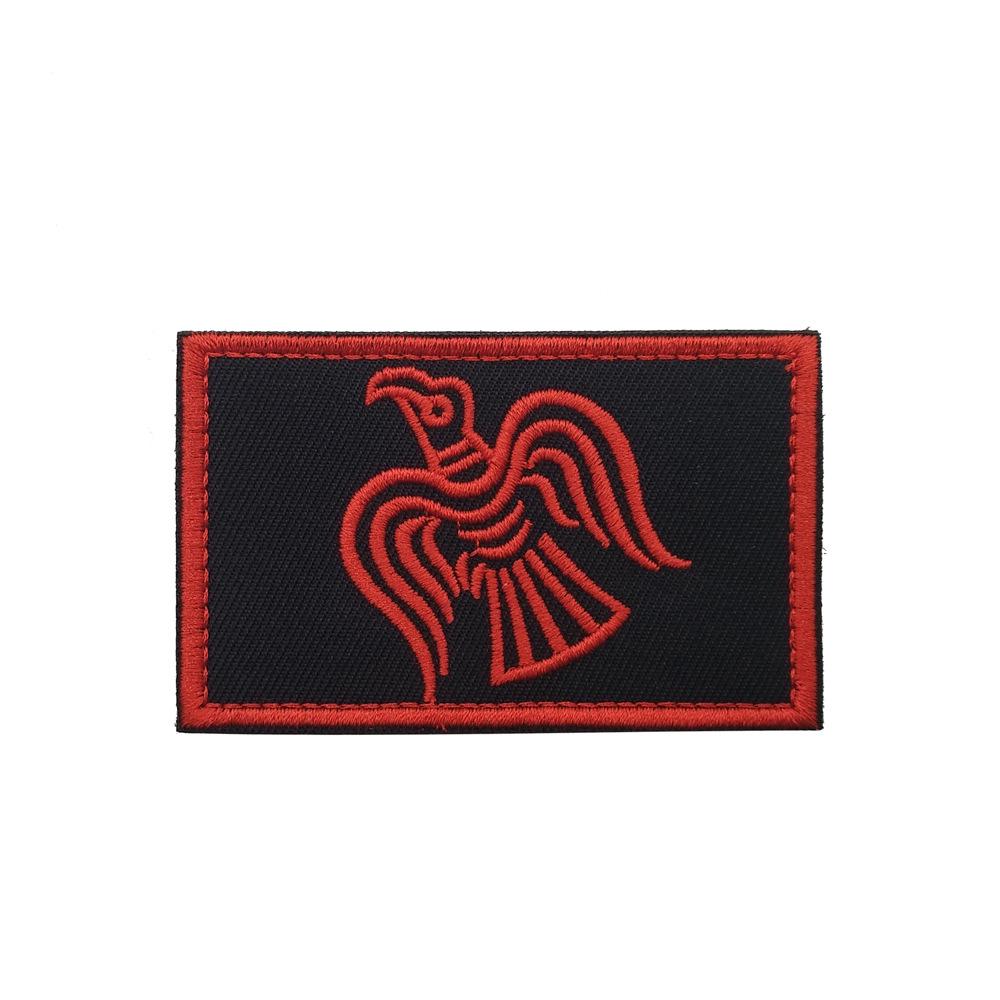 Nordic Viking Emblem Patch: Odin Knight Raven, Black/Red Rune Star.