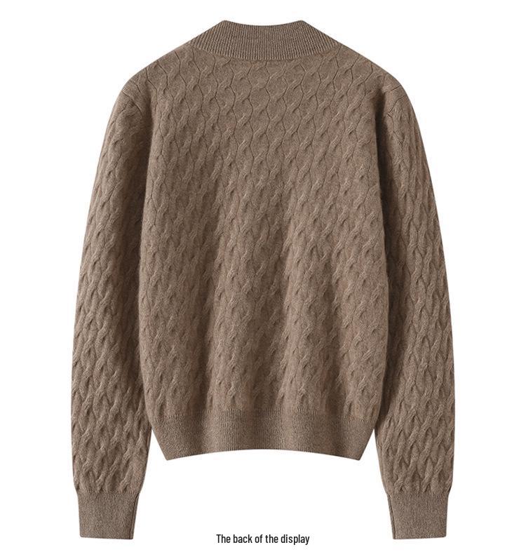 Elegant Korean Style Cable Knit Cashmere Cardigan for Women - Stand-up Collar, Versatile Autumn/Winter Sweater
