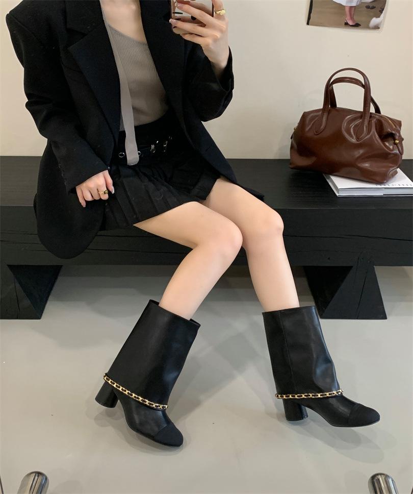 Xiaoxiangfeng trouser tube boots new round head color matching thick heel splicing sleeve high heel metal chain boots women