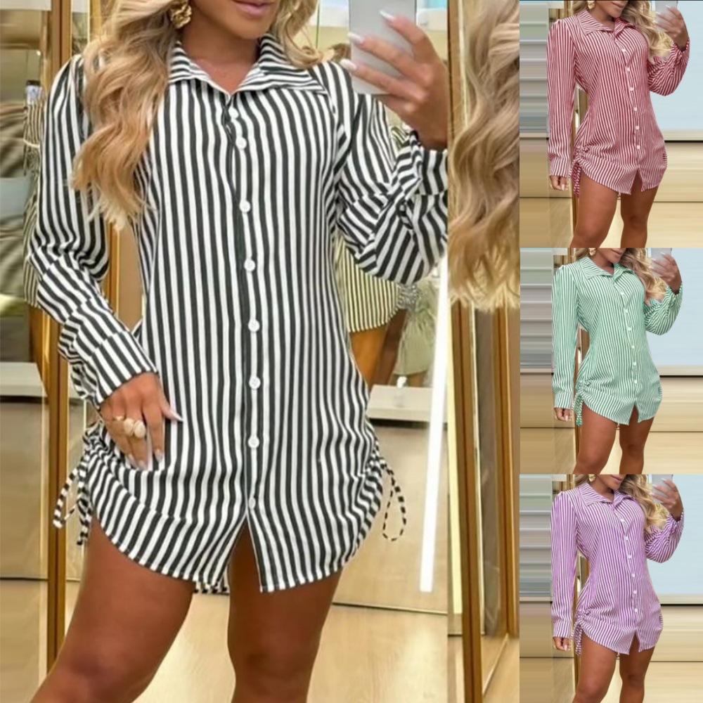BITCED Women's Autumn Fashion Sexy Two Side Drawstring Shirt Dress
