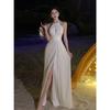 French Neck Dress Split Satin Backless Sexy Fashion Light Luxury Banquet Birthday Host Toast Evening Dress