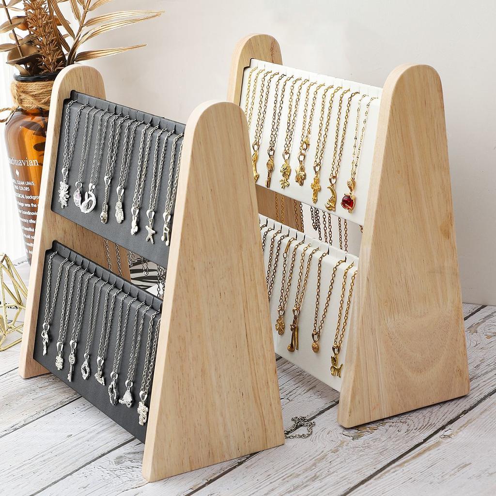 2 Layers Wood Slope Shape Jewelry Display Necklace Pendant Organizer Stand Holder Rack Showcase Tray