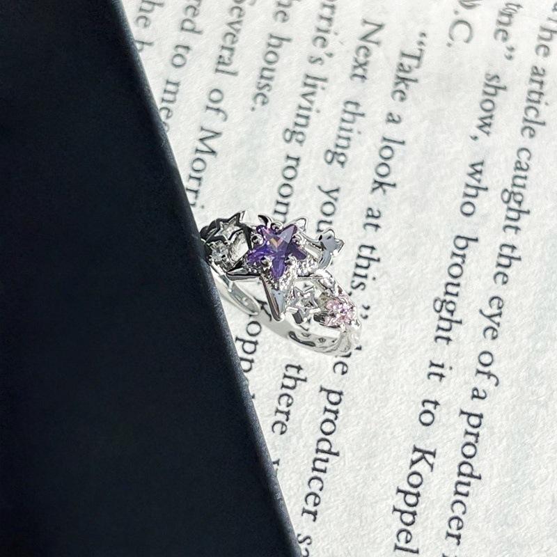 2026 Sweet Cool Girl Pink Purple Sparkling Diamond Star Crown Personality Light Luxury Open Ring Women s Premium Sense Delicate Niche Ring Resizable