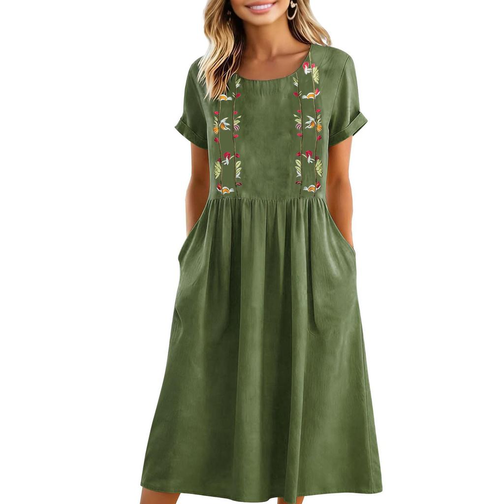 Women’s Short Sleeve Embroidered Midi Dress with Pockets Relaxed Fit Crew Neck Casual Summer Dress for Everyday Wear