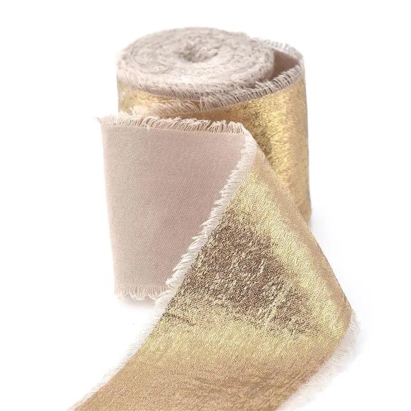 Handgefertigtes Ausgefranstes Kanten Goldenes Seidenband Stoffband Für Hochzeitseinladung Verpackung Sträuße Geburtstagsfeier Dekorationen Geschenke