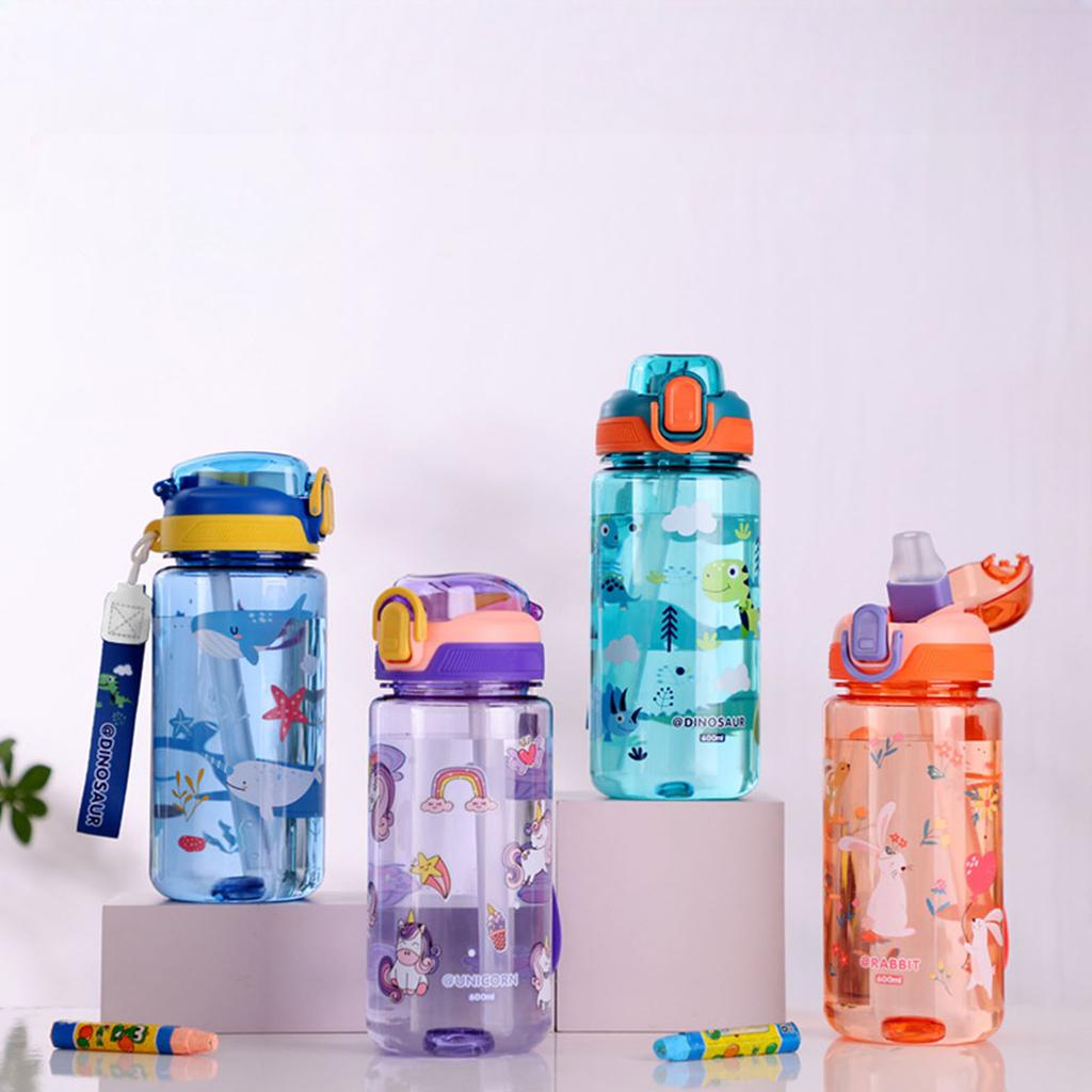 600ml Dinosaur Water Bottle with Silicone Straw Cartoon Water Sippy Cup Leakproof Portable Straw Cup Outdoor Summer Water Cup