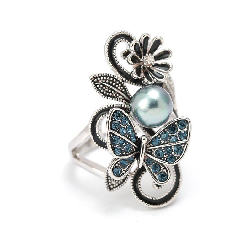 Trendy Ink Blue Pearl Butterfly Crystal Women's Ring For Engagement Wedding Copper Accessories Rings Wholesale