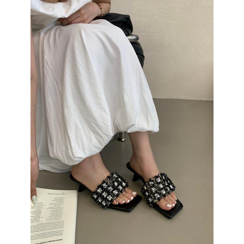 Fashion High-Heeled Shoes Lady Ladies' Slippers Low Luxury Slides Square Toe Slipers Women Jelly Flip Flops Designer 2025 Glitter Thin