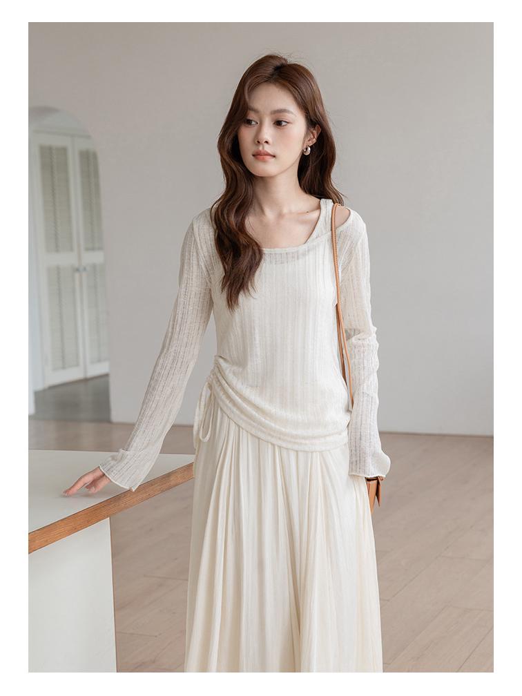 Korean Style Pleated Drawstring See-through Sun Protection Long Sleeve Women's Autumn/Winter Top